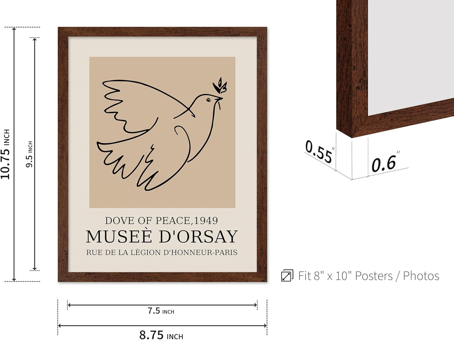 Poster Master Vintage Poster - Retro Minimalist Print - Gift for Artist, Friend - Dove Of Peace, Line Drawing, Sketch, Abstract - Wall Decor for Living Room, Bedroom, 16x20 Brown Framed