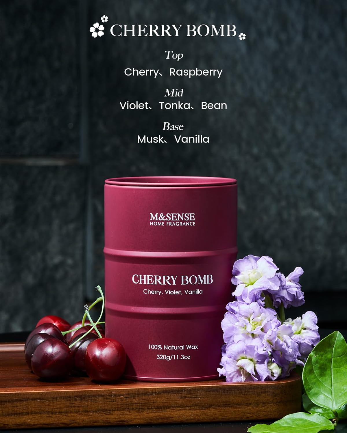M&SENSE Cherry Bomb Scented Candles, Sweet Candle for Home Scented, Natural Soy Wax Cherry Blossom, Gifts for Women Mom, 11.3 oz 70 Hours Burn