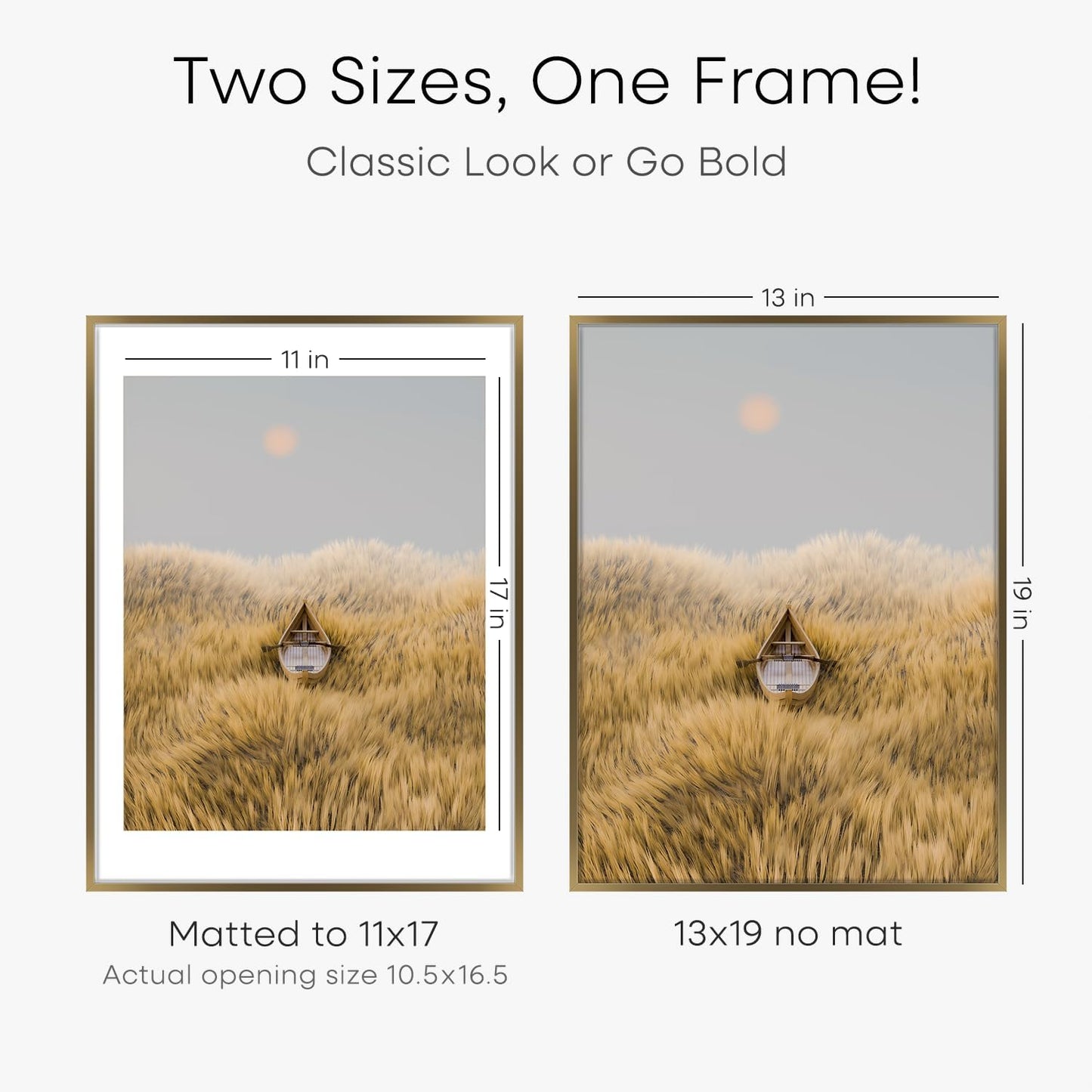 Homeforia 13x19 Picture Frame Bronze, High End Metal 13x19 Brass Poster Frames with Mat 11x17 for Photo, 13 x 19 Frame Matted to 11 by 17 Print, 19x13 Hanging Frame, Tempered Glass, Wall Kit, Set of 1