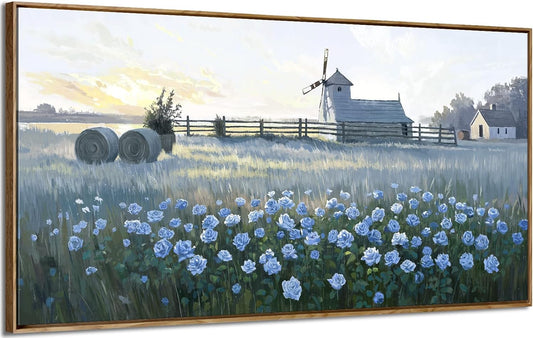 amatop Large Framed Country Landscape Wall Art – Blue Floral Canvas Art Print Vintage Rustic Farmhouse Picture Sunset Nature Artwork Wall Decor for Bedroom Dining Room Office Entryway 48x24 Inch