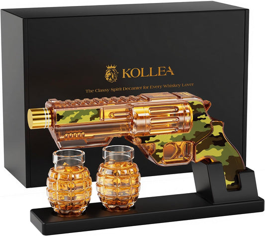 Kollea Camouflage Whiskey Decanter Sets with Grenade Shot Glasses, Anniversary Birthday Gifts for Him, Holiday Gifts for Father, Brother, Husband, Boyfriend, Military Present, Bar Drinking, 12.8 oz