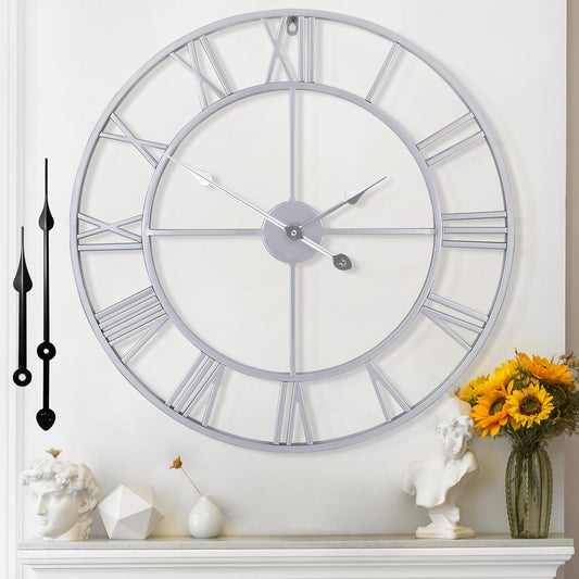 Large Wall Clock - 40cm/ 16 Inches Silent Non-Ticking Metal Wall Clock, Vintage Modern Silver, Battery Operated, Ideal for Living Room, Bedroom, Office, Farmhouse Decor