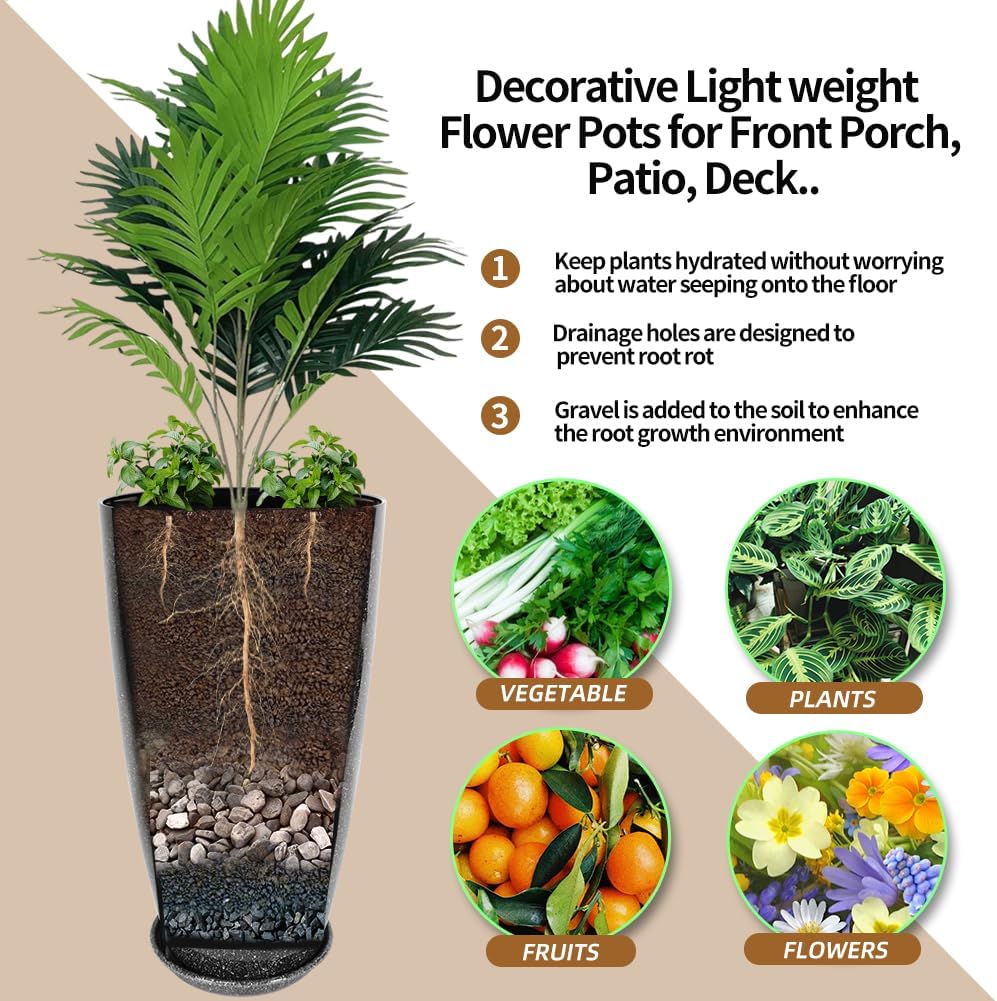 2 Pcs Pack 21 Inches Plastic Resin Tall Tapered Planter Pots Large Round Planter Flower Pot with Drainage Holes for Indoor Outdoor Deck Porch Garden Home Patio Front Door (Black, L)