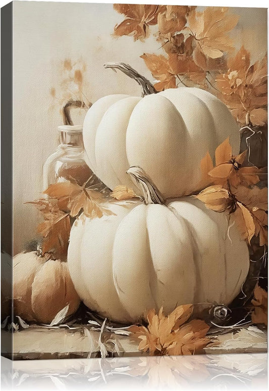 Farmhouse Autumn Pumpkin Wall Art Decor, Rustic Fall Canvas Prints Framed for Living Room Kitchen Dining Room, Thanksgiving Decorations and Cozy Fall Wall Art Picture, Ready to Hang
