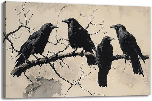 OAAPITI Birds Canvas Wall Art Black Couple Crow Picture Print Vintage Gothic Raven Artwork for Living Room Halloween Home Wall Decor(Artwork-9,12"x18")