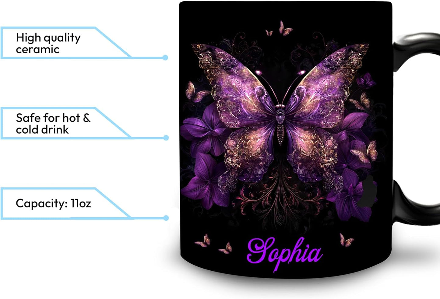 Hyturtle Personalized Purple Butterfly Mug - Butterfly Gifts For Women Lovers - Animal Gift For Bird Lover Her - Bird Gifts For Mom on Mother Day - Custom Name Coffee Cup Ceramic Mug 11 Oz 15 Oz