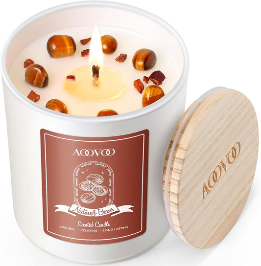 AOOVOO Nutmeg Beans Scented Candles for Women - Aromatherapy Candle with Crystals Inside, 10oz Soy Candles for Home Scented, Birthday Gifts Candle for Women Mom