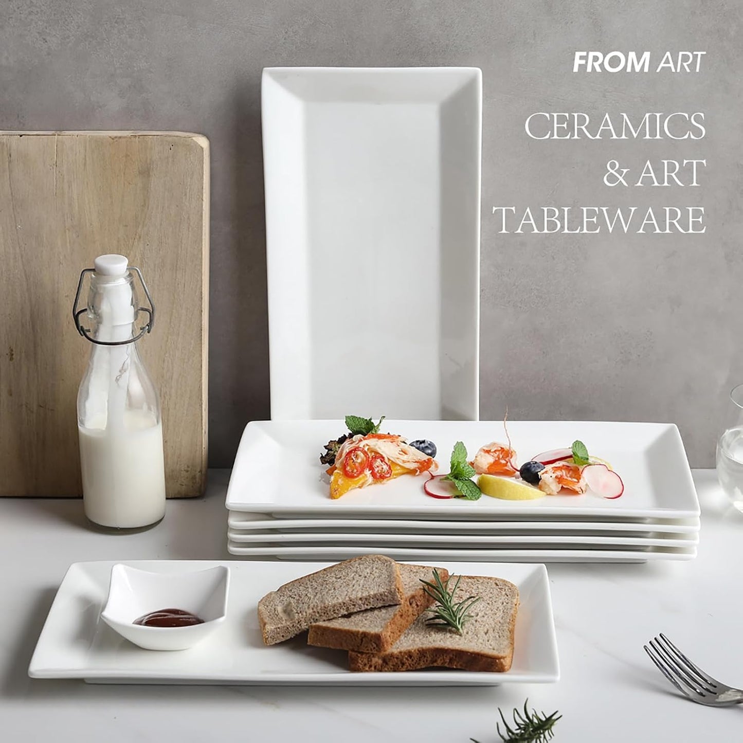 12" Serving Platters Set of 4, White Rectangular Plates, Ceramic Serving Tray, Stackable Large Party Plates for Appetizer, Dessert, Steak, Sushi, Housewarming, Oven Dishwasher Safe