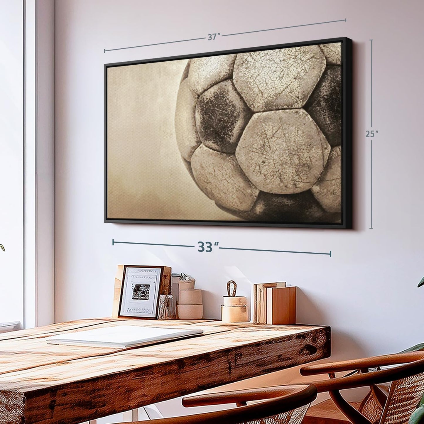 Elephant Stock Worn Soccer Ball Wall Art - Horizontal Framed Canvas - 1-Piece Living Room Wall Decor - Photography sports Canvas Print - Brown and Gray Decor for Wall - 37" X 25"