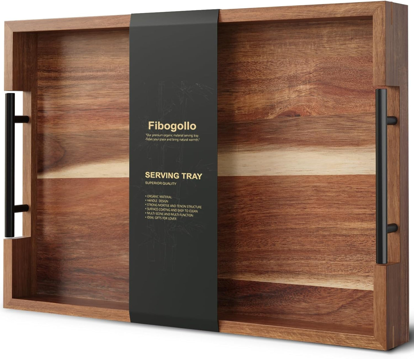 Acacia Wood Serving Tray with Metal Handles,17x12in Ottoman Decorative Trays Platter for Coffee Table,Living Room,Bar,Party(Large)