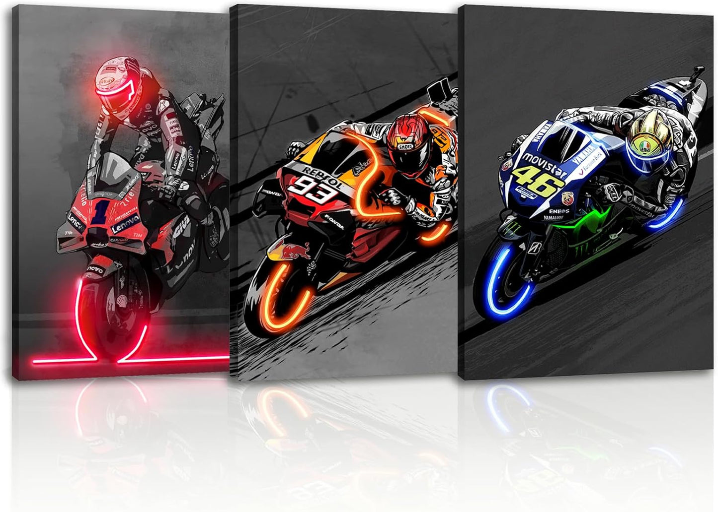 Sorventina Motorcycle Wall Art - 3-Piece Racing Sports Decor Prints, Neon Style, 16x24 Inches Wrapped Canvas, Non-LED - Modern Artwork for Living Room, Bedroom, Garage, Man Cave, or Office Decoration