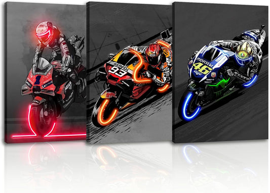 Sorventina Motorcycle Wall Art - 3-Piece Racing Sports Decor Prints, Neon Style, 16x24 Inches Wrapped Canvas, Non-LED - Modern Artwork for Living Room, Bedroom, Garage, Man Cave, or Office Decoration