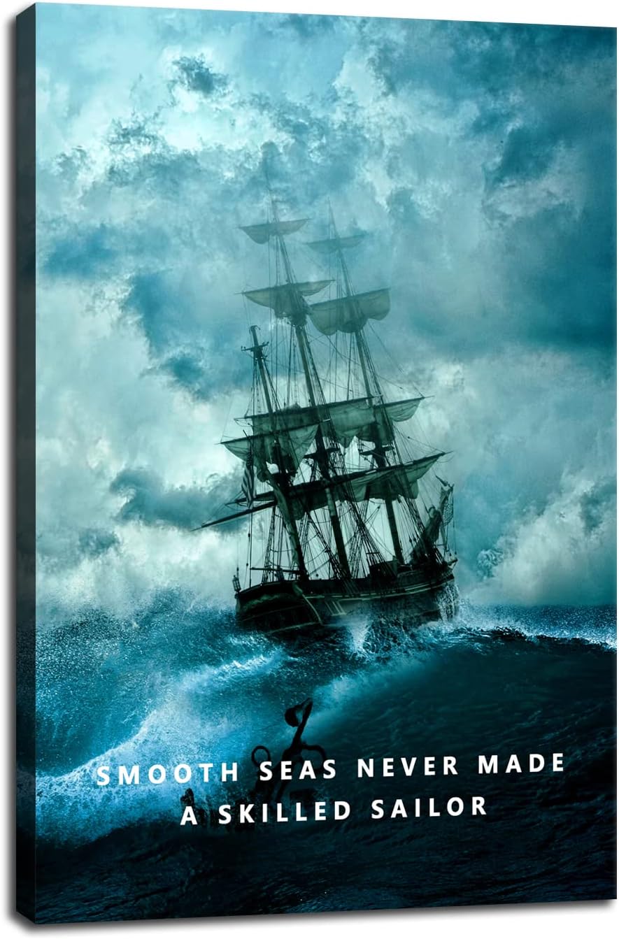 Smooth Seas Never Made A Skilled Sailor Motivational Wall Art Inspirational Canvas Poster Entrepreneur Quote Picture Home Office Decor Painting Framed and Stretched Ready to Hang [24''W x 36''H]