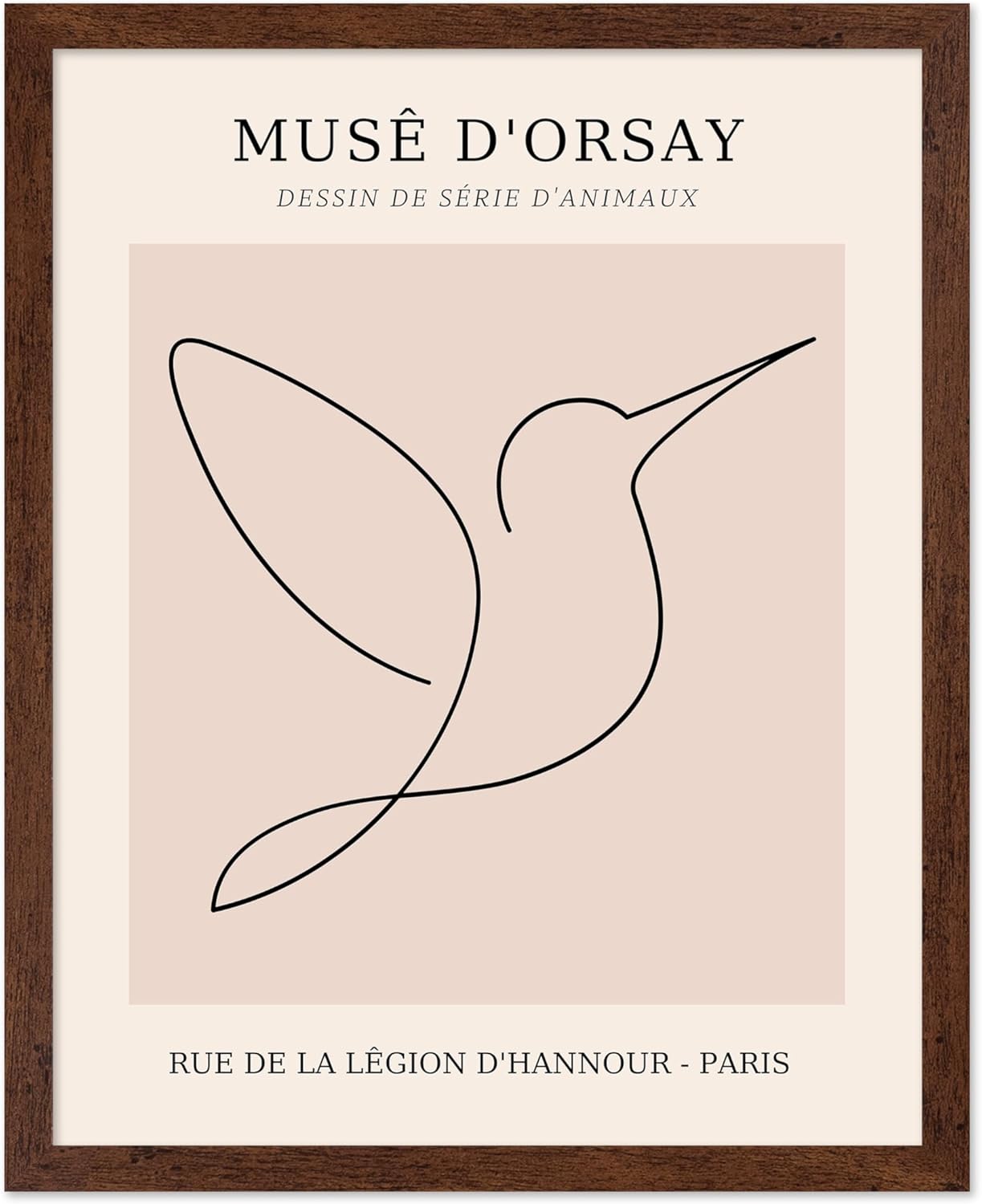 Poster Master Vintage Poster - Retro One Line Hummingbird Drawing Print - Bird Line Art - Minimal Gift for Him, Her, Animal Lover - Abstract Decor for Home, Office, 11x14 Brown Framed