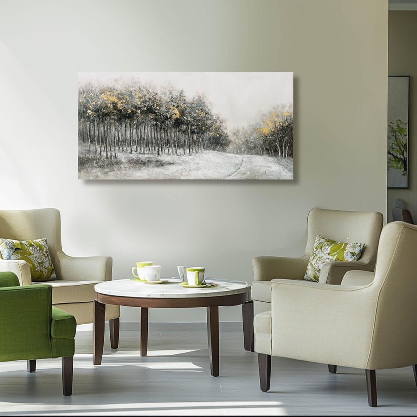 CHUDANHAO Minimalist Wall Art Grey and White Forest Wall Decor Gold Foil Artwork for Walls Nature Posters for Kitchen Dining Room 24x48 Inch