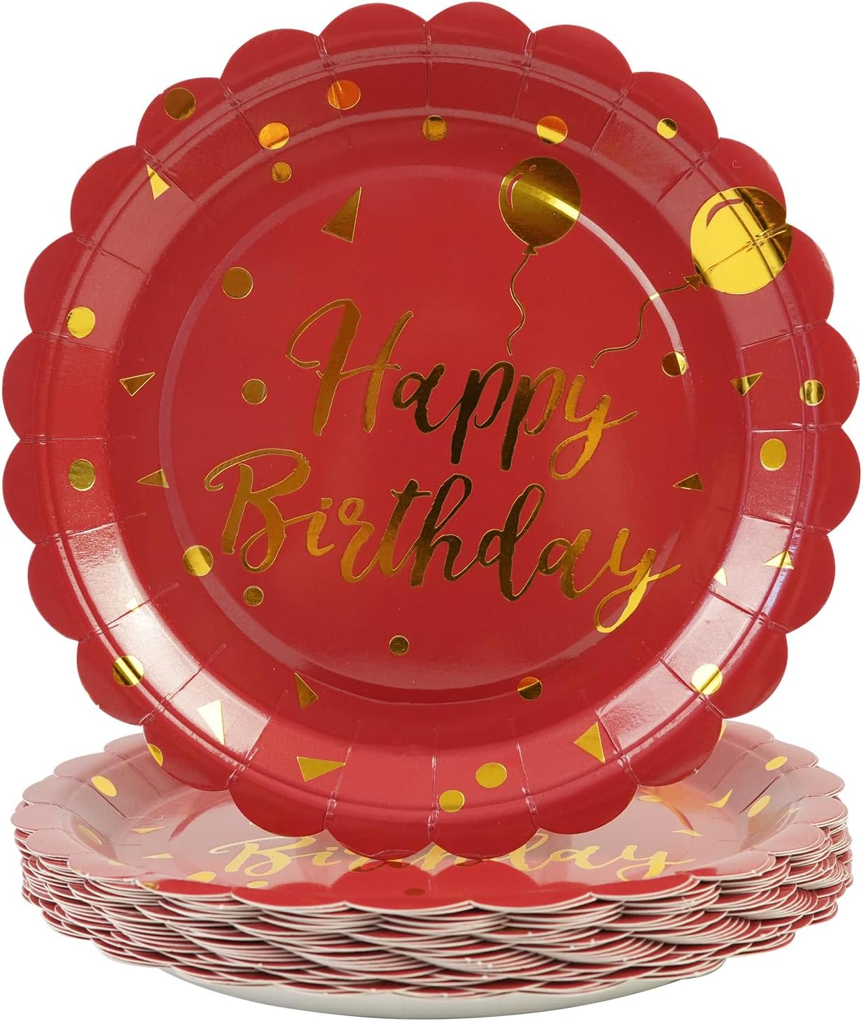 50PCS Happy Birthday Paper Plates - 7 Inch Birthday's Cake Plates Scalloped Dessert Plate Disposable Party Tableware Decorations for Birthday's Party Supplies (Red Birthday, 7 Inch)