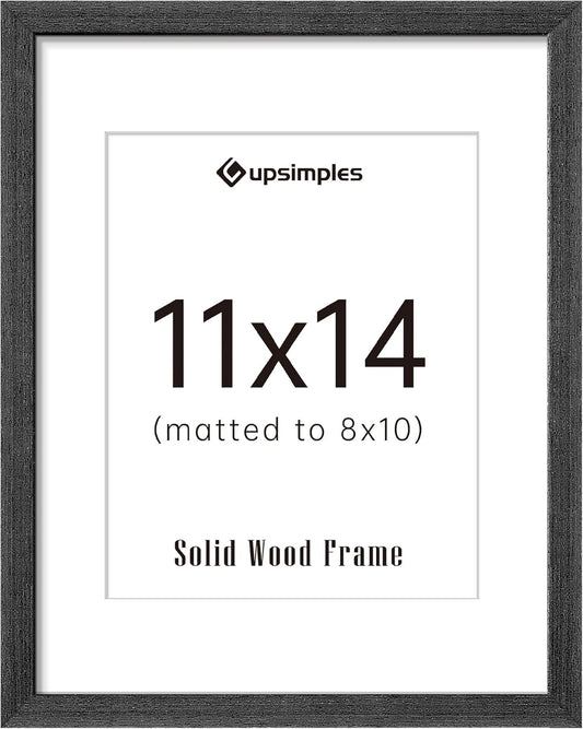 upsimples 11x14 Picture Frame, Natural Solid Wooden Picture Frames, Display 8x10 with Mat or 11 x 14 Without, Vertical or Horizontal Wall Hanging, 1 Pack, Black