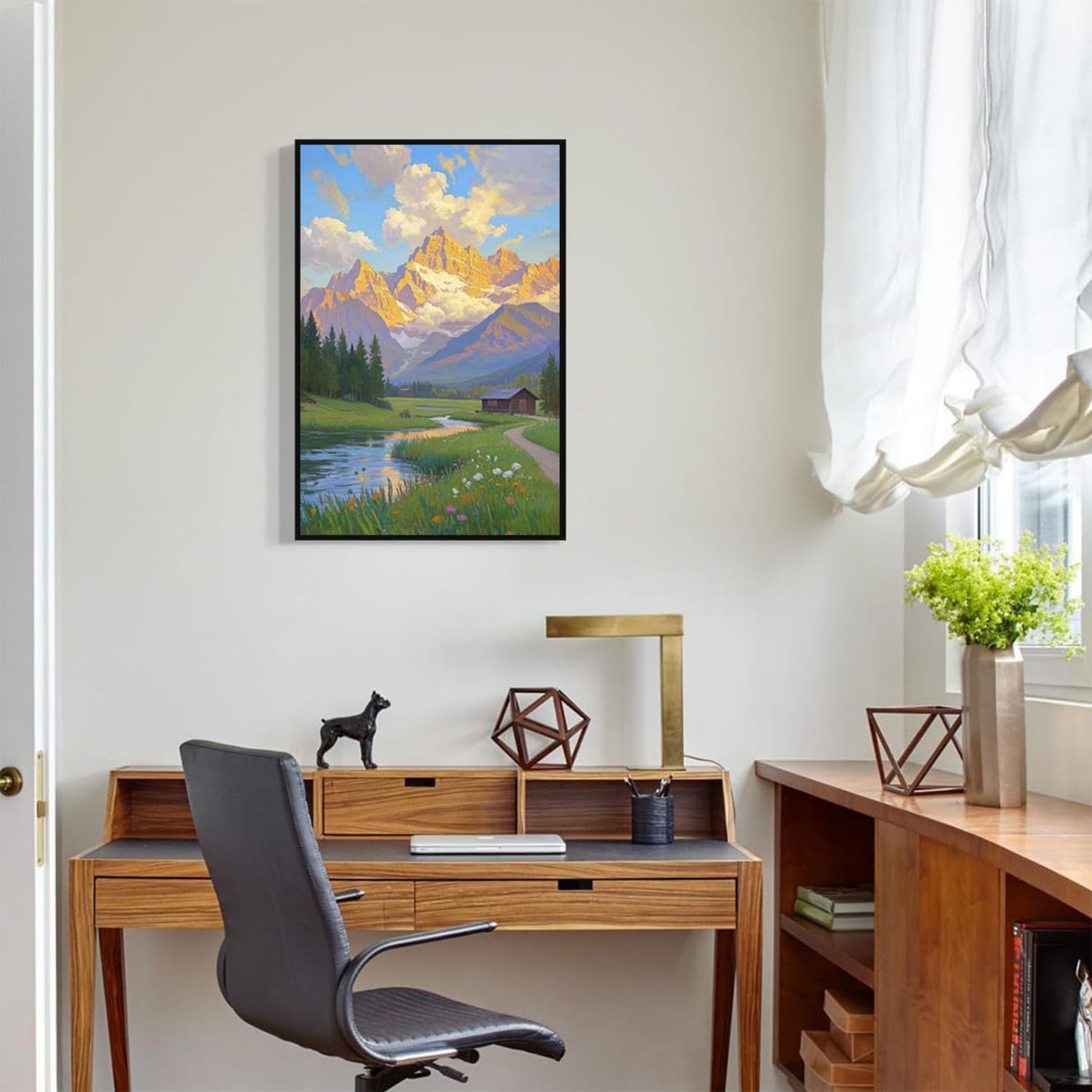 The mountain stream and lawn scenery under the sun is suitable for posting in the living room bedroom office landscape poster wall painting