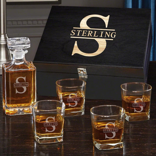 Personalized Bourbon Decanter Set with 4 Glasses by HomeWetBar - Custom Wood Gift Box