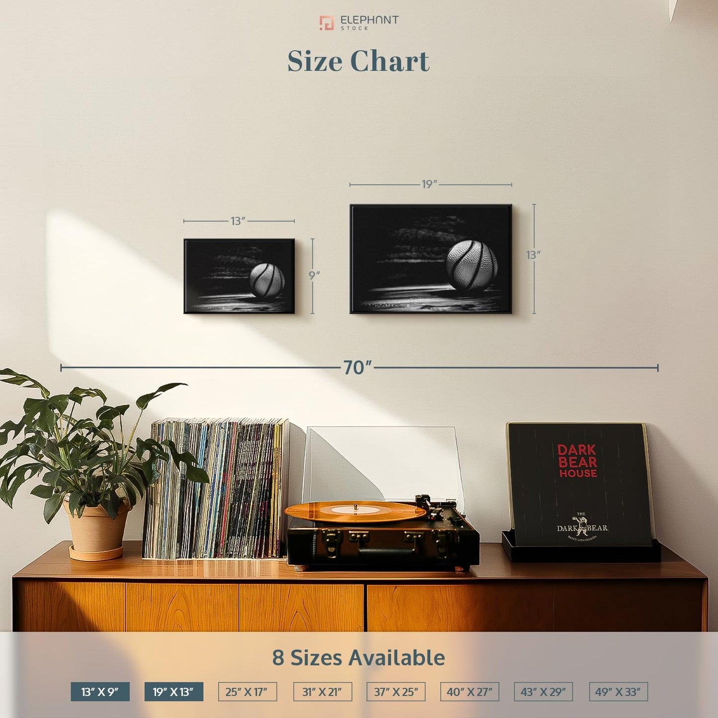 ElephantStock Basketball Wall Art - Horizontal Framed Canvas - 1-Piece Hallway Wall Decor - Photography sports Canvas Print - Black and Gray Decor for Wall - 19" X 13"