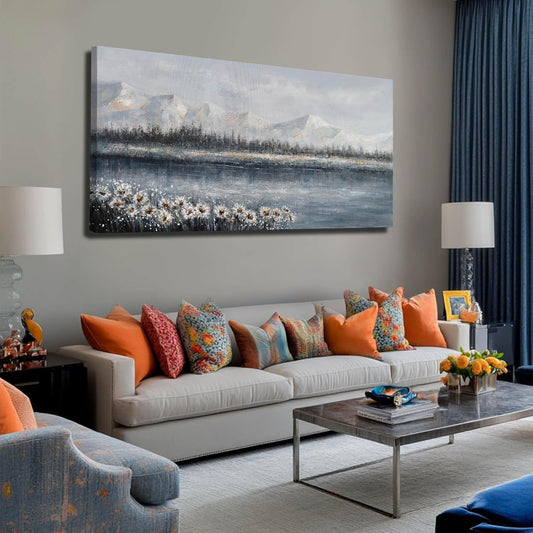 White Wall Art for Living Room Daisy Pictures Framed Floral Wall Decor Abstract Wall Art Mountain Landscape Artwork Office Arts for Home Office 29"x58"