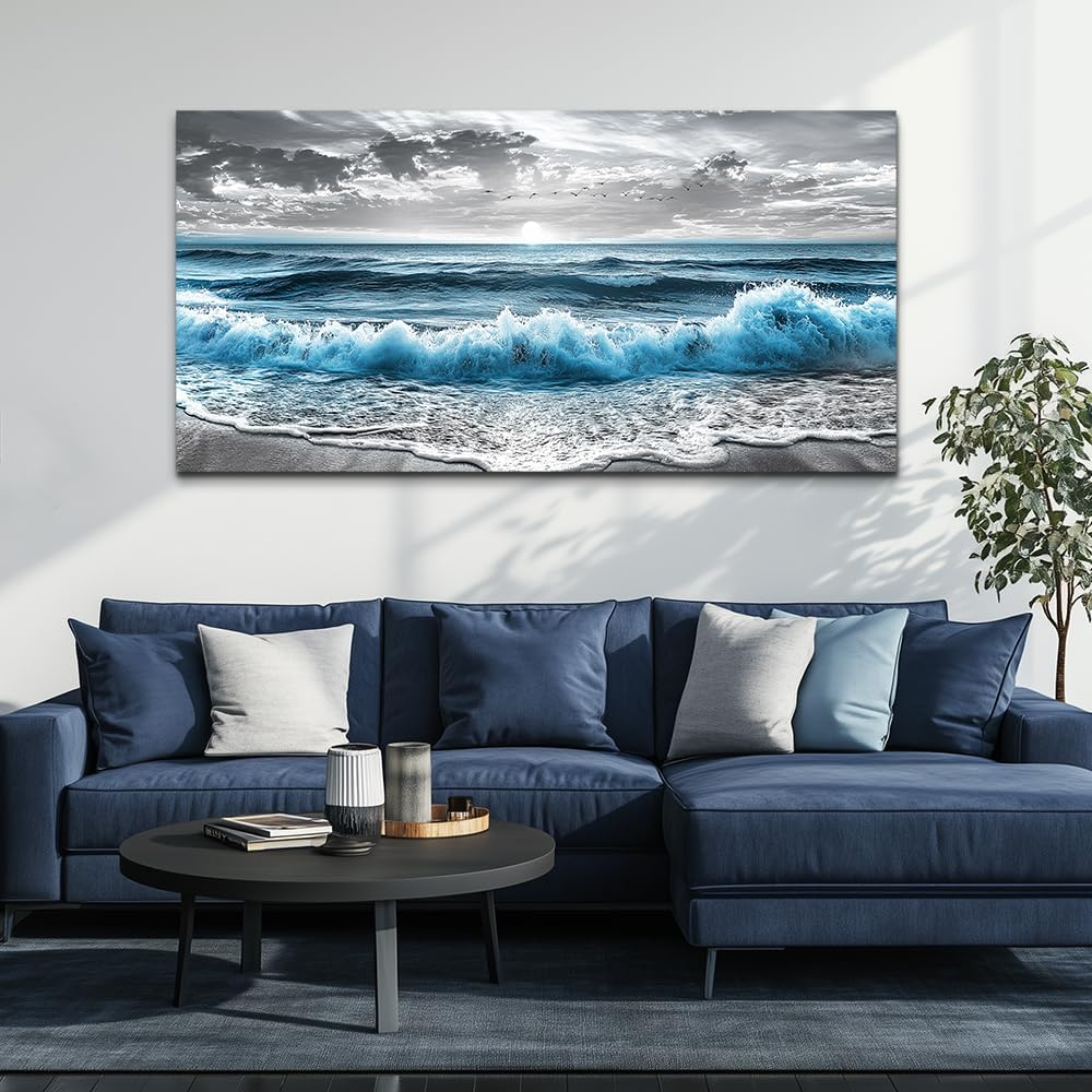 ZUITINGHUA Canvas Wall Art For Living Room Large Wall Decor For Office Bedroom Decorations Sea Wave Landscape Pictures Black And White Painting Artwork Room Wall Mural Aesthetic Home Decor 30x60 In