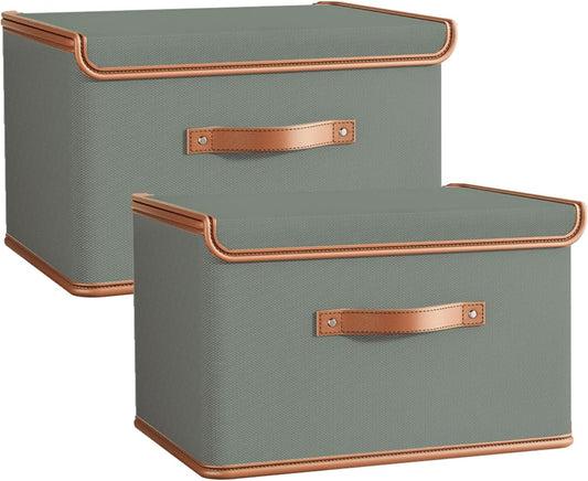 Tuza 2 Pack Storage Bins with Lids, Collapsible Closet Organizer Container, Fabric Organizer Box with Handles, Decorative Storage Boxes with Lids for Organizing Clothes, Blanket, Grey, Medium