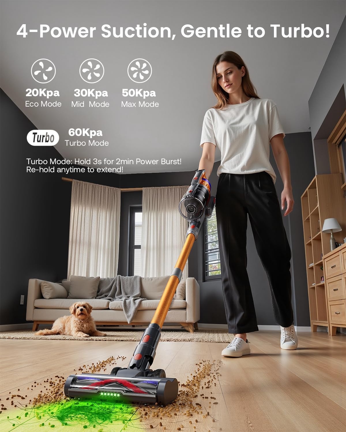 Cordless Vacuum Cleaner for Home, Upgraded 60Kpa Powerful Suction Pet Hair Vacuum with 70min Runtime, Green LED Light for Hardwood Floors & Carpet, Self-Standing Rechargeable Stick Vacuum