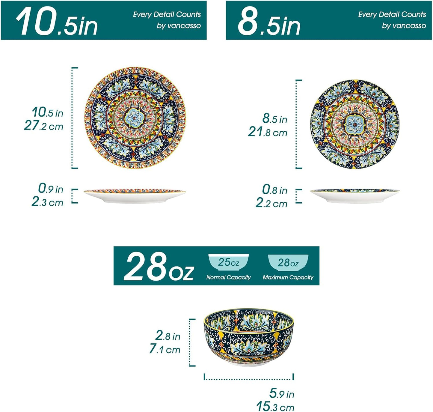 vancasso 12 Pieces Dinnerware Sets, Yellow Plates and Bowls Set, Porcelain Dishes Set for 4, Microwave and Dishwasher Safe, Scratch Resistant, Bohemian Style Dining Ware Service for 4, Series SIMI