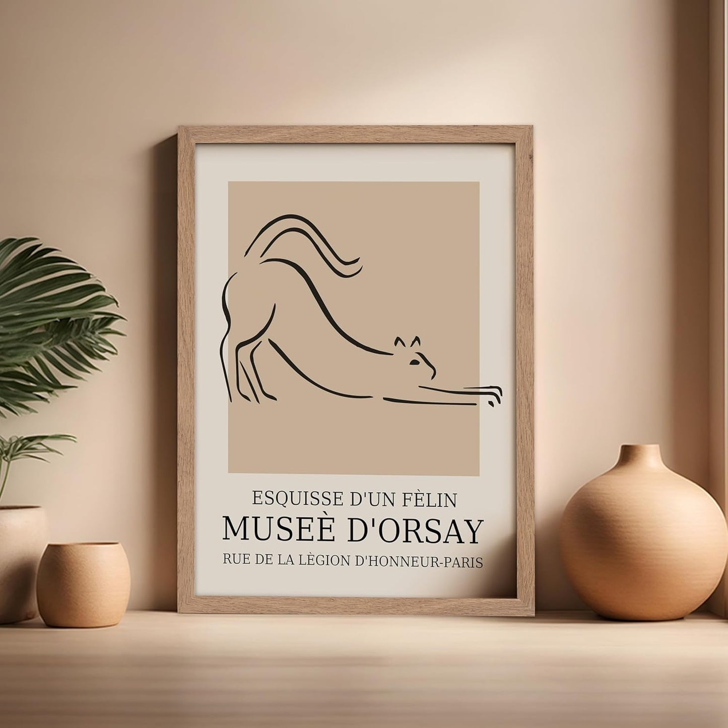 Poster Master Vintage Poster - Retro Minimalist Print - Gift for Artist, Housewarming - Cat, Line Drawing, Sketch, Abstract - Wall Decor for Living Room, Bedroom, 16x20 Beige Framed