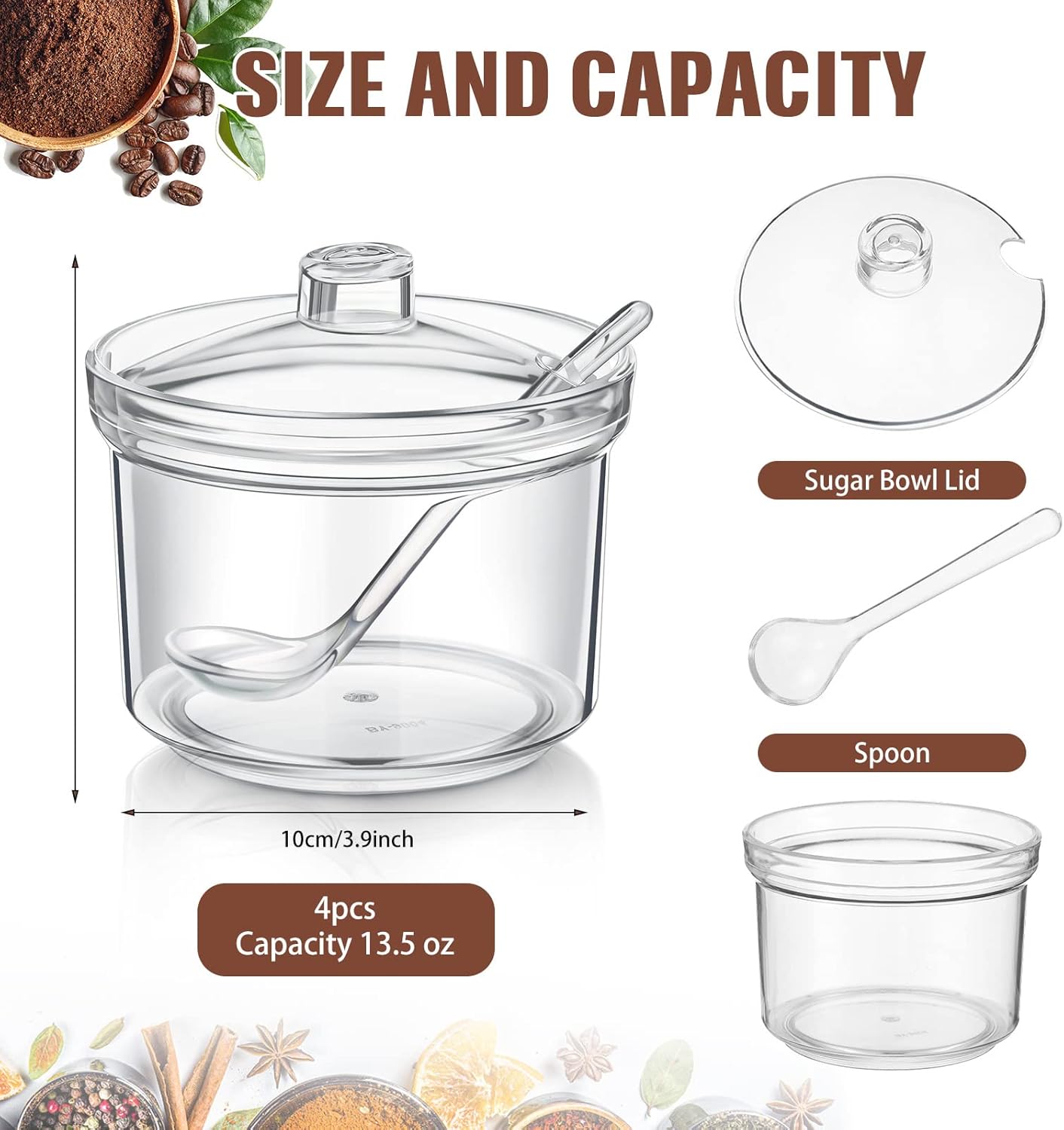 Patelai 4 Pieces Sugar Bowl Acrylic Clear Sugar Bowl with Lid and Salt Spoon Storage Jar with Airtight Lid for Salt, Tea, Spices, Herbs, Condiments(13 oz)