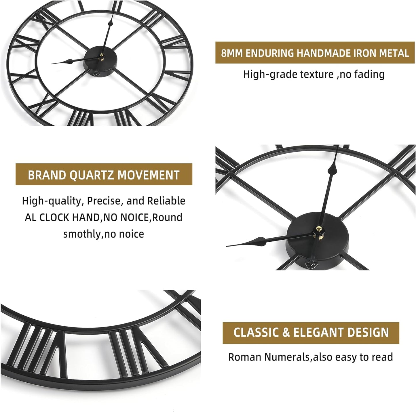 Large Wall Clock for Living Room Decor - 100cm/ 40 Inch Nearly Silent Non-Ticking Metal Wall Clocks Battery Operated, Vintage Decorative Modern Wall Clock for Bedroom, Office, Farmhouse Decor