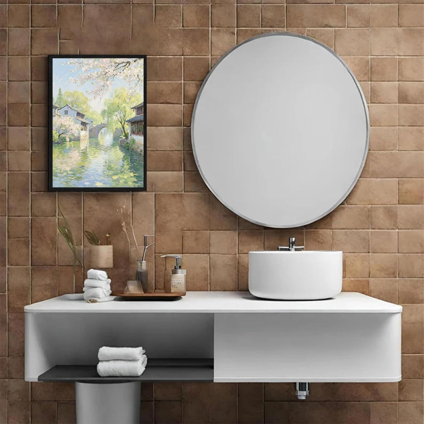 Small bridge stream house Jiangnan style landscape poster suitable for living room bedroom office natural oil painting poster