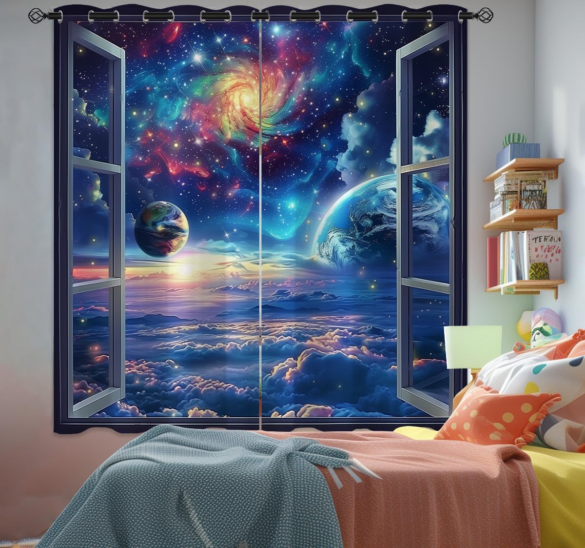 Space Galaxy Blackout Curtains for Girls Boys Kids Home Decor, Universe Nebula Galaxies Solar Planet Grommet Thermal Insulated Drapes Darkening Window Curtain for Bedroom Living Room, 63 x 63 Inch
