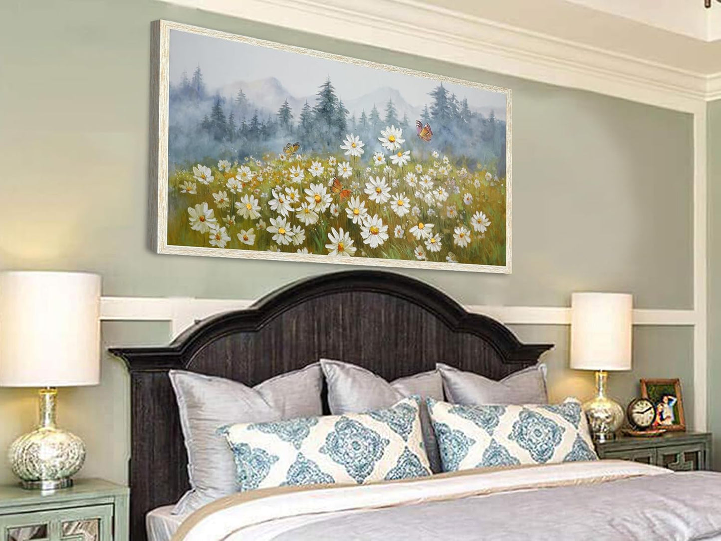 Arjun Flower Wall Art Canvas Landscape Daisy Painting Mountain Picture White Daisy Textured Floral Artwork for Living Room Bedroom Bathroom Office Home Wall Decor, Large Wood Grain Framed 40"x20"