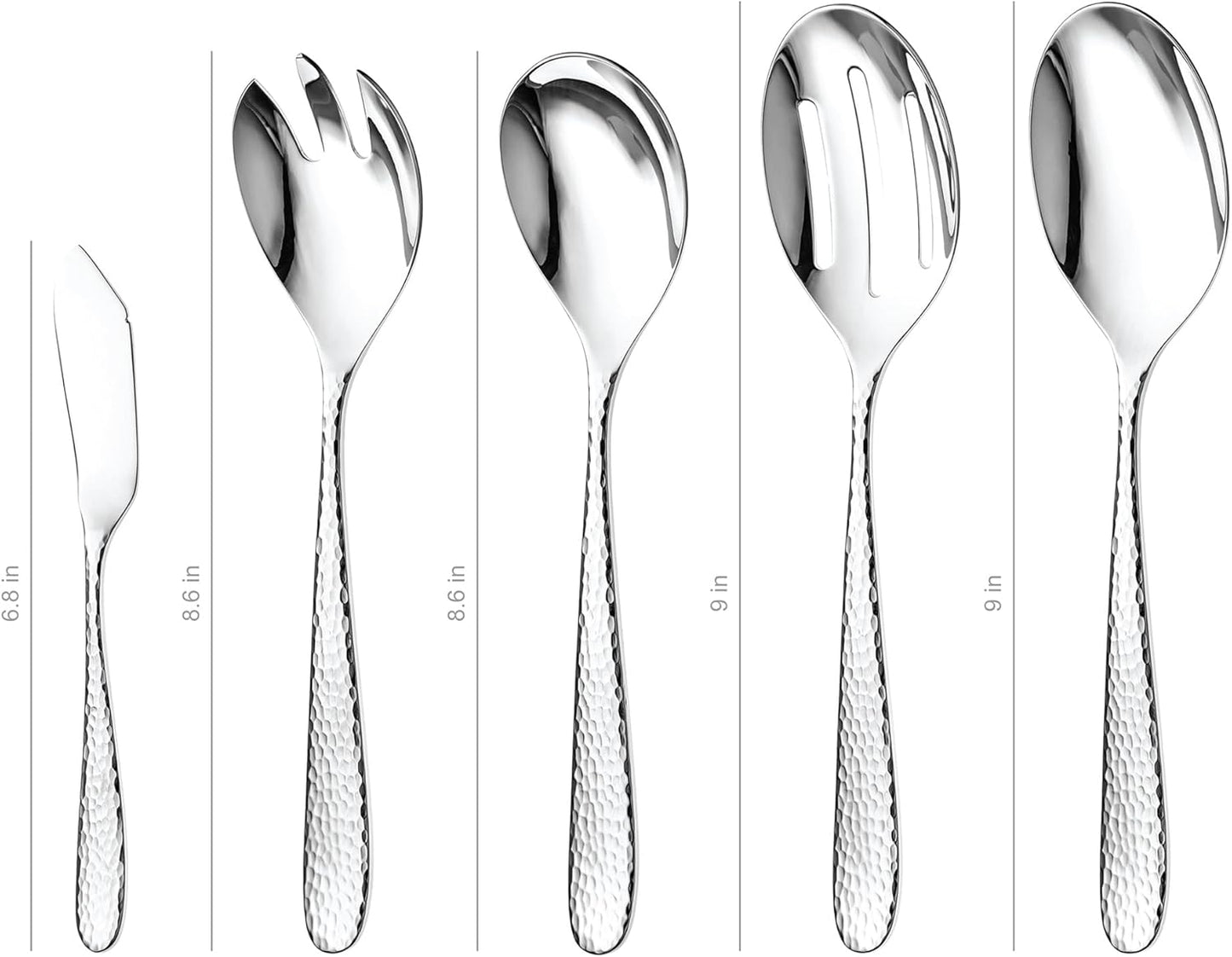 Hammered Serving Utensil Set, 18/10 Stainless Steel Serving Spoons, Salad Servers, Butter Knives, Mirror Finish, Dishwasher Safe, Elegant and Durable (10-Piece Serving Set, Fidenza Hammered)