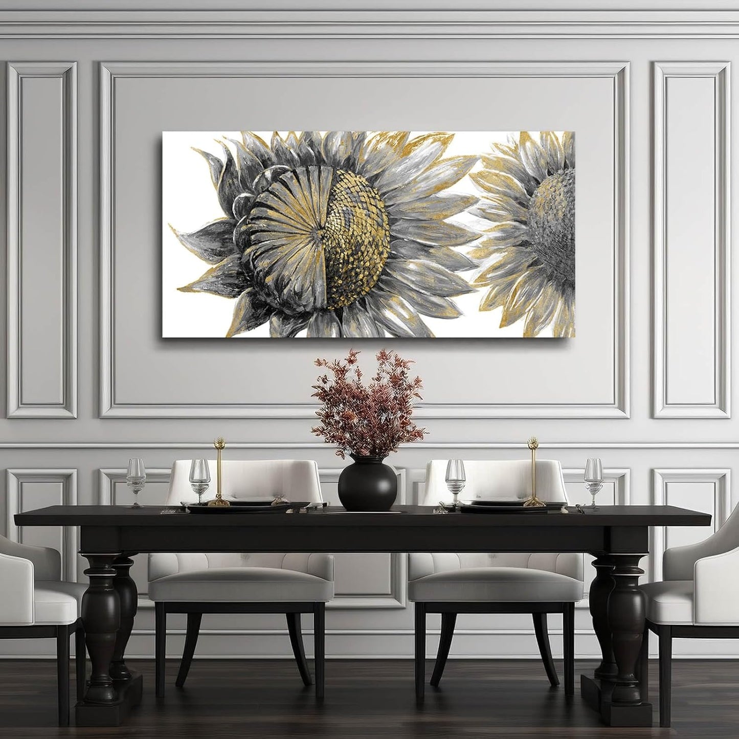 sunflower wall art black art Floral Canvas Wall decorations Canvas Art Wall Decor botanical wall art plant pictures for women girls room 24"x48"