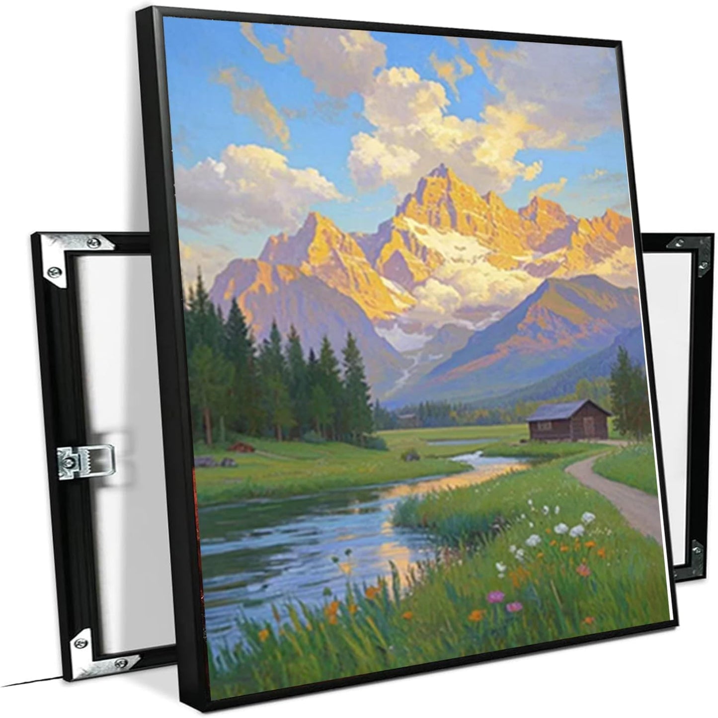 The mountain stream and lawn scenery under the sun is suitable for posting in the living room bedroom office landscape poster wall painting