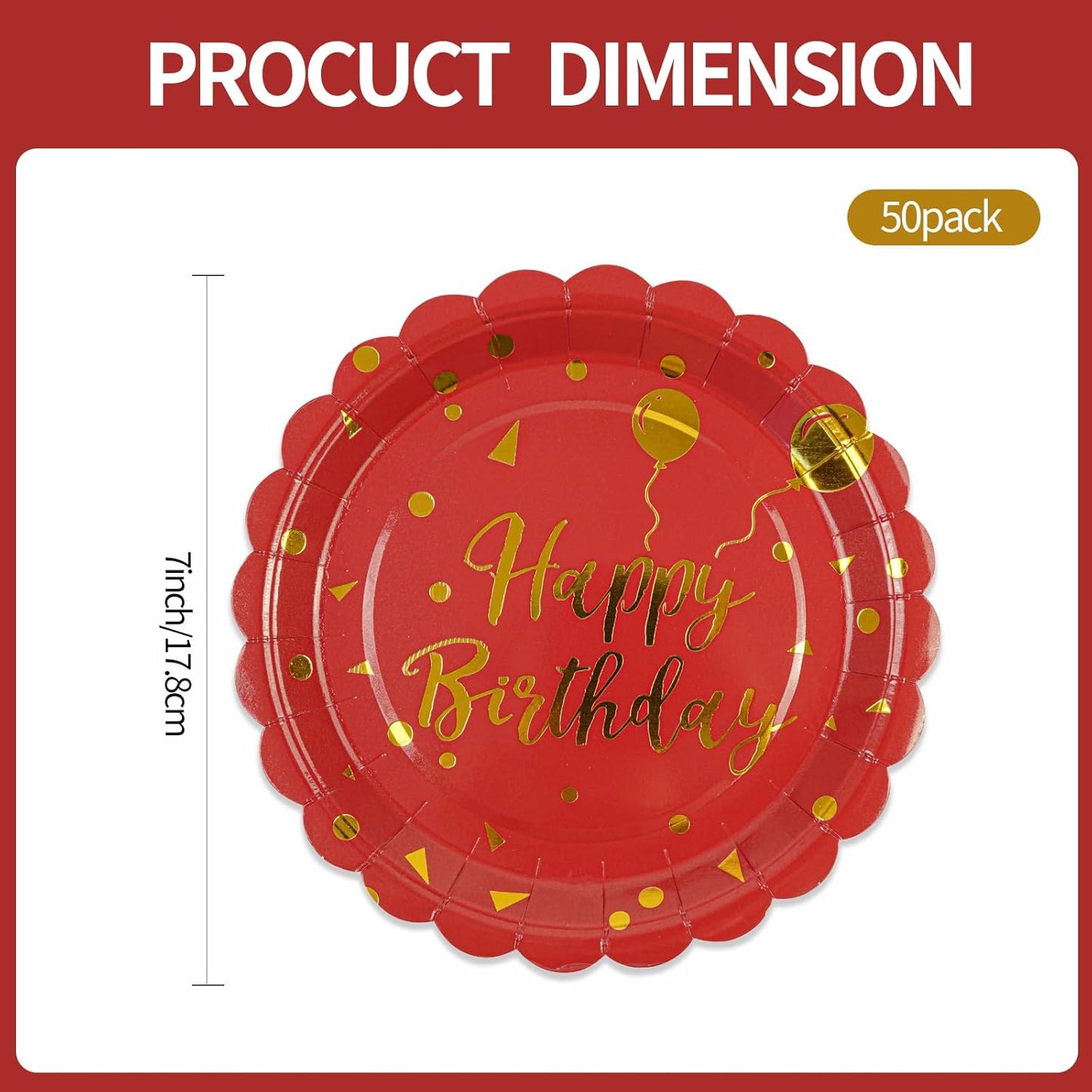 50PCS Happy Birthday Paper Plates - 7 Inch Birthday's Cake Plates Scalloped Dessert Plate Disposable Party Tableware Decorations for Birthday's Party Supplies (Red Birthday, 7 Inch)
