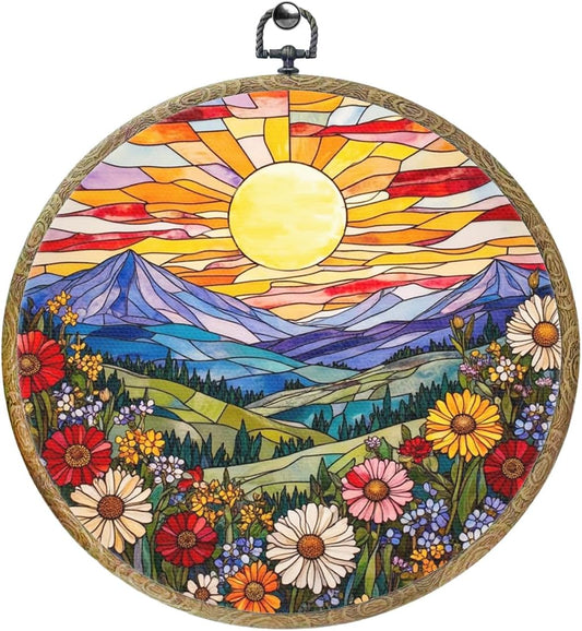 Wildflowers Sunset Flower Floral Garden Decor, Gift for Mom, Nature Lover Gift Framed Round Wall Decor Canvas Wall Art Hanging Prints Artwork for Home Living Room Office Decorations 10.2X10.2 Inch