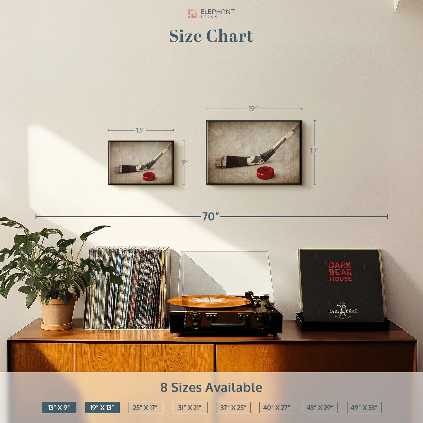 Elephant Stock Vintage Ice Hockey Wall Art - Horizontal Framed Canvas - 1-Piece Hallway Wall Decor - Photography Sports Canvas Print - Brown and Beige Decor for Wall - 19" X 13"