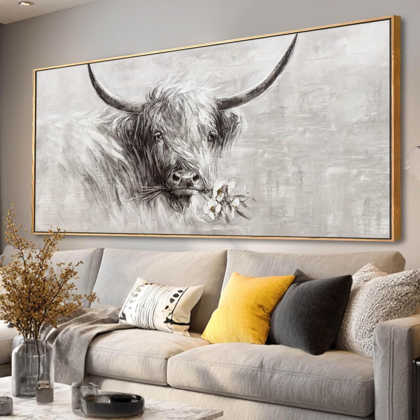 Farmhouse Decor Framed Wall Animal and Flower Artwork Grey Vintage Cow Wall Art with Frame for Living Room Bedroom Dining Room Office 29x58 Inch