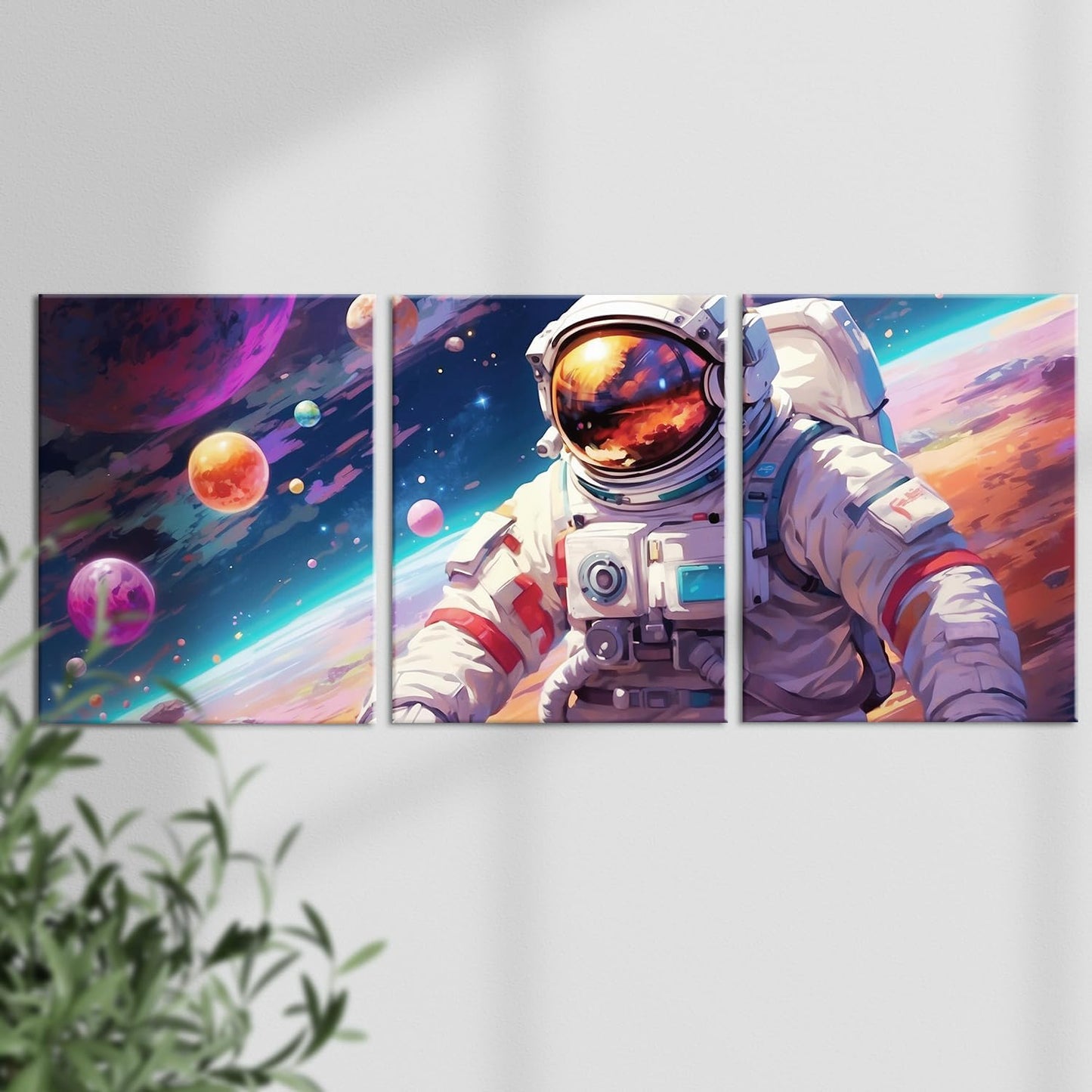 Outer Space Art Wall Decor Astronaut Spaceman Planets Prints Posters Framed Artwork Space Room Boys Bedroom Playroom Kids Room Space Decorations, 3 Panels