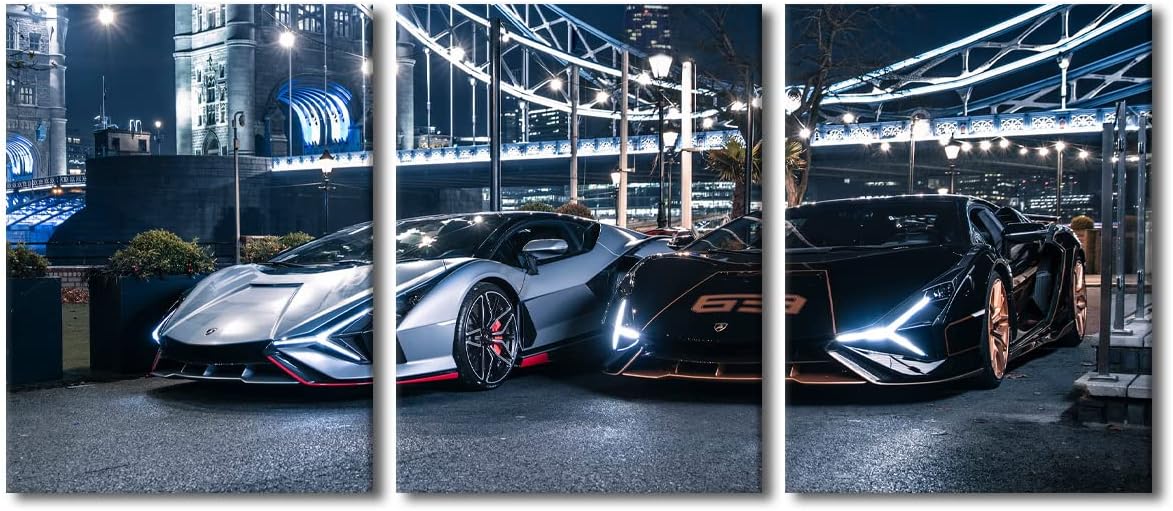 Wall Art for Living Room Black and White Sports Car Bedroom Wall Decor Super Car Wall Paintings for Office Speed Car on the Road Print On Canvas Modern Artwork Stretched Ready to Hang, 36"Wx16"H