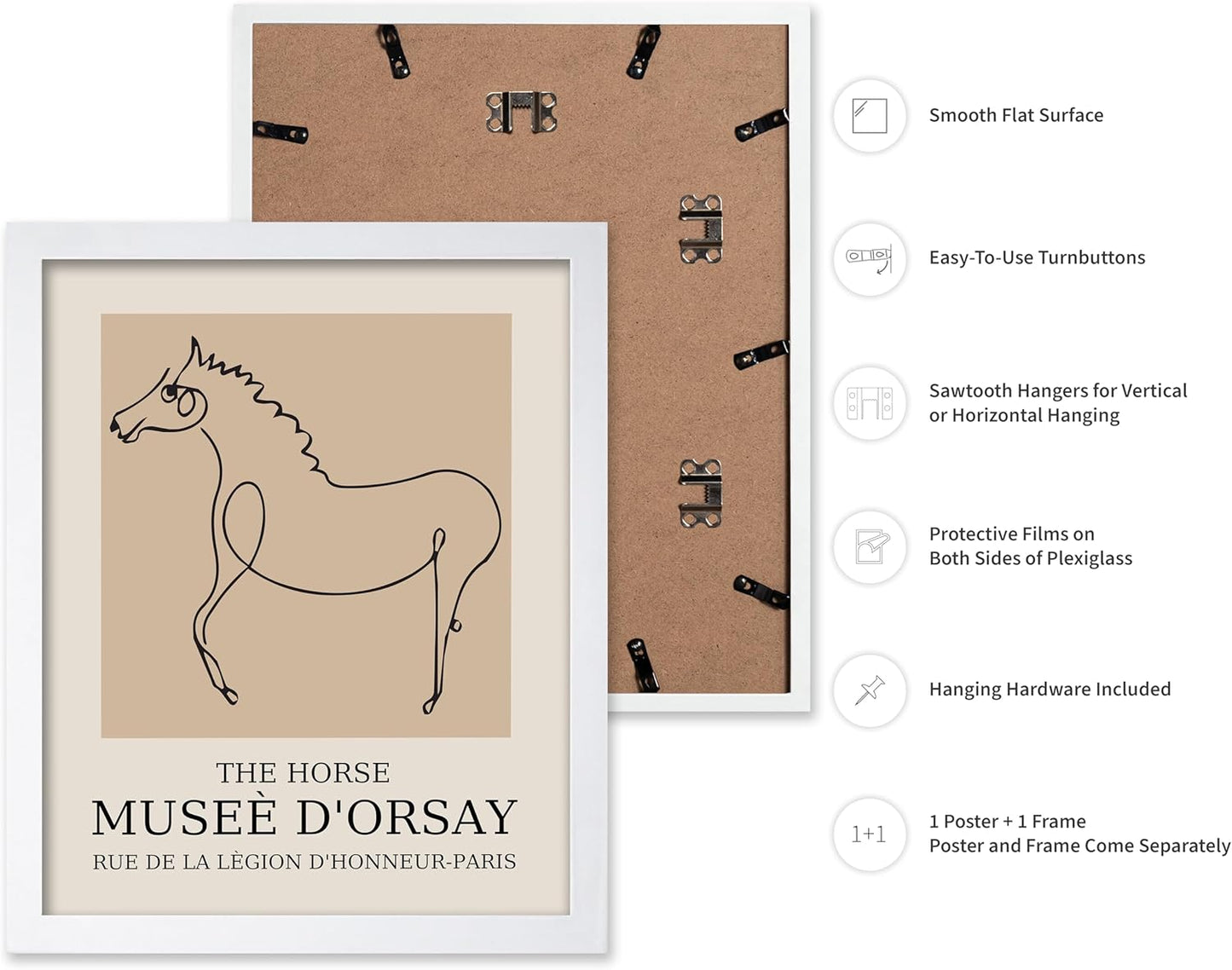 Poster Master Vintage Poster - Retro Minimalist Print - Gift for Artist, Friend - Horse, Line Drawing, Sketch, Abstract - Wall Decor for Living Room, Bedroom, 11x14 White Framed