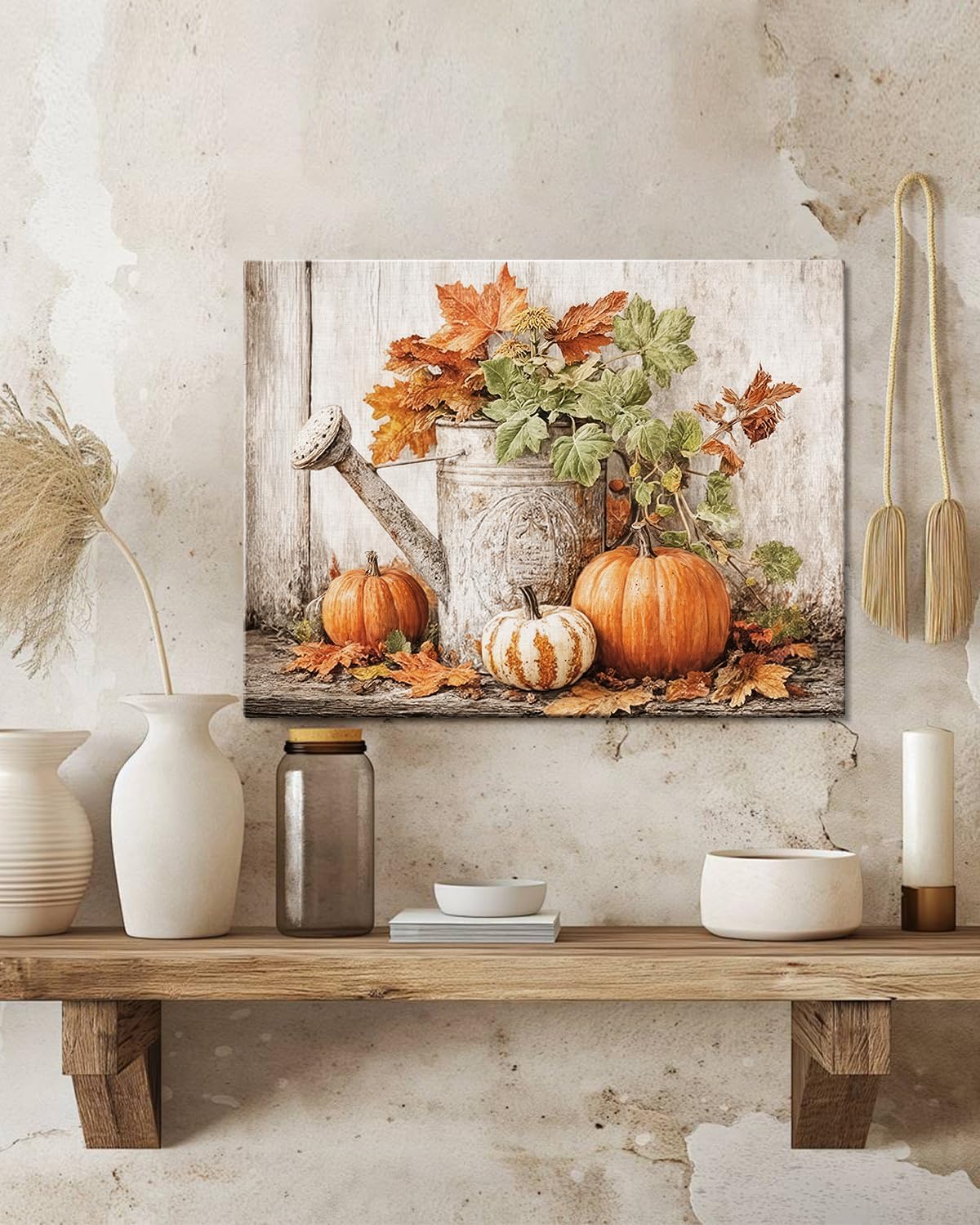 Autumn Pumpkin and Watering Can Canvas Wall Art, Rustic Fall Leaves Print Farmhouse Picture for Thanksgiving Decorations, Fall Wall Art Decor Ready to Hang
