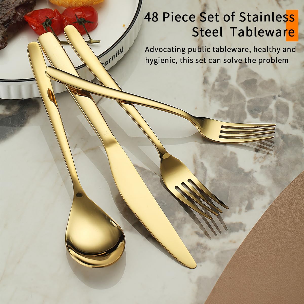 Berglander Gold Silverware Set 48pcs Service for 12, Golden Titanium Plating Stainless Steel Flatware Set, Gold Spoons Forks Knives Set for Home, Wedding, Restaurant, Hotel, Dishwasher Safe
