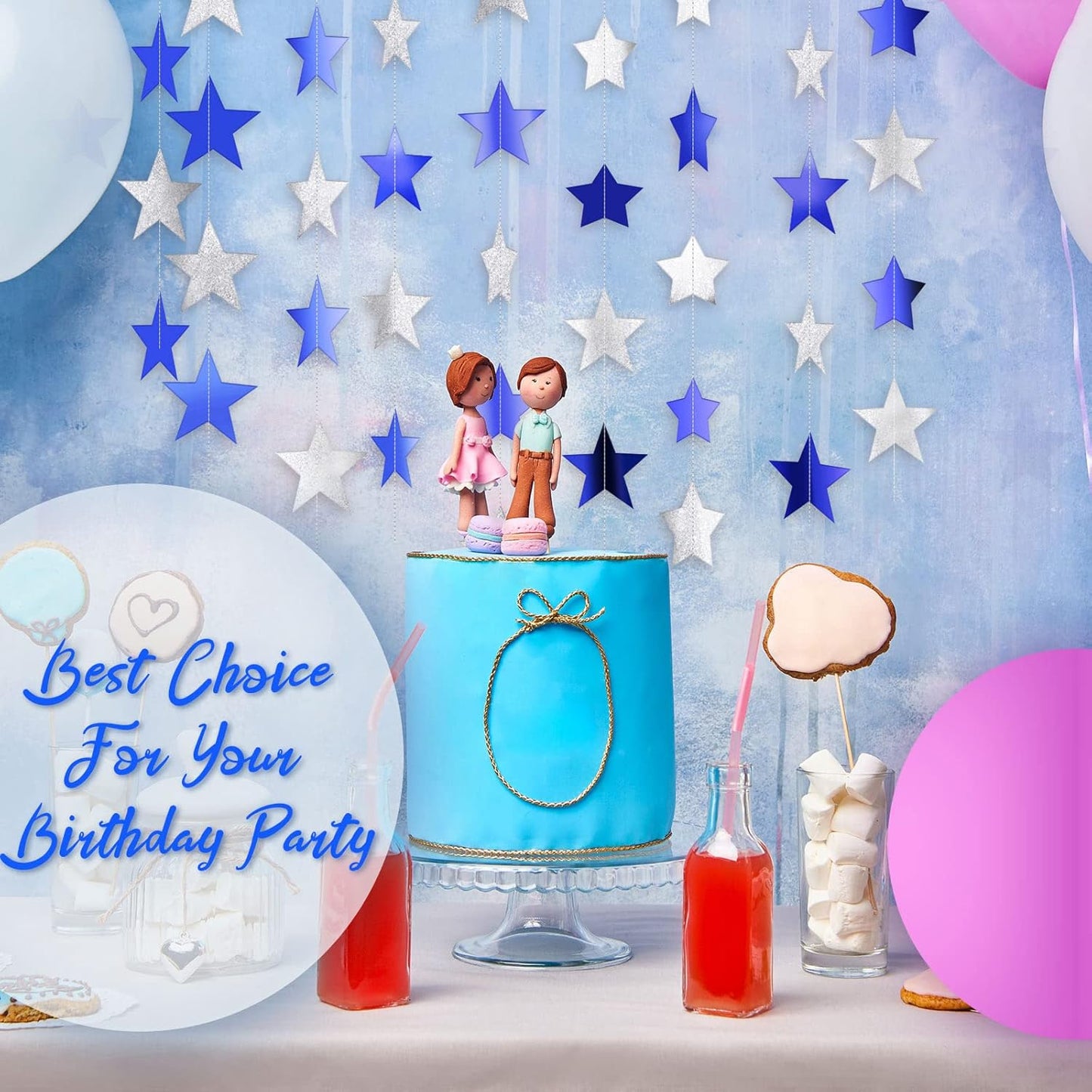 Patelai Glitter Star Garland Banner Decor 130 Feet Star Hanging Bunting Banner Twinkle Backdrop for Homecoming Classroom Wedding Birthday Halloween Christmas Party Supplies(Ocean Blue, Glitter Silver)