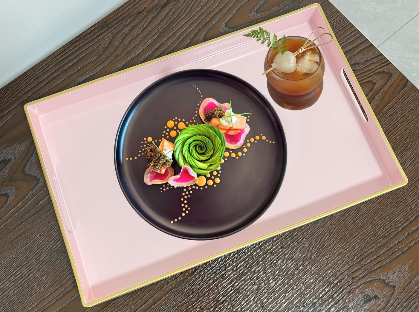 Large Pink Rectangular Decorative Tray – Plastic Serving Tray with Handles for Coffee Table, Ottoman, Living Room, 15.7” x 11.8” x 1.6