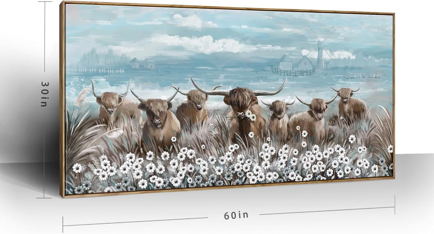 Extra Large Framed Wall Art for Living Room Big Boho Farmhouse Highland Cow Canvas Artwork Flower and Animal Picture Rustic Coastal Blue and Brown Decor for Office Bedroom Kitchen